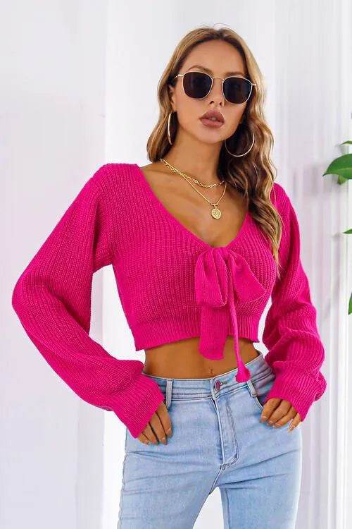 Bow V-Neck Cropped Sweater – Sweet & Stylish Long Sleeve Look | Bona Fide Fashion - Bona Fide Fashion
