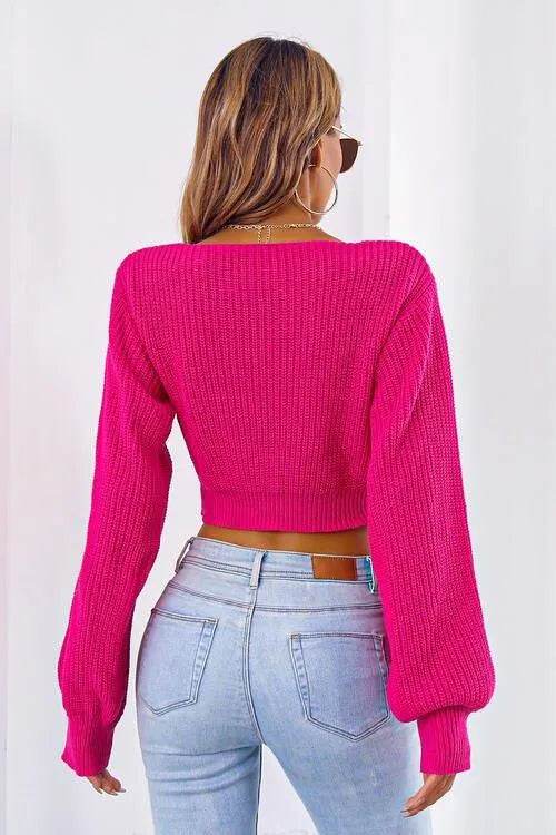 Bow V-Neck Cropped Sweater – Sweet & Stylish Long Sleeve Look | Bona Fide Fashion - Bona Fide Fashion