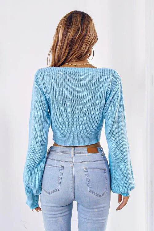 Bow V-Neck Cropped Sweater – Sweet & Stylish Long Sleeve Look | Bona Fide Fashion - Bona Fide Fashion