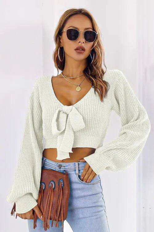 Bow V-Neck Cropped Sweater – Sweet & Stylish Long Sleeve Look | Bona Fide Fashion - Bona Fide Fashion