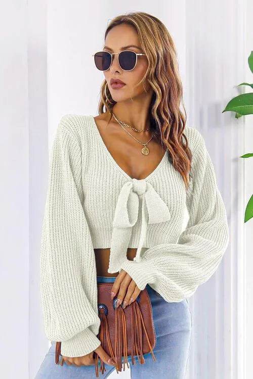 Bow V-Neck Cropped Sweater – Sweet & Stylish Long Sleeve Look | Bona Fide Fashion - Bona Fide Fashion