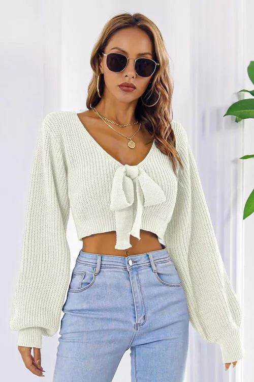 Bow V-Neck Cropped Sweater – Sweet & Stylish Long Sleeve Look | Bona Fide Fashion - Bona Fide Fashion
