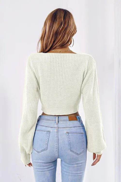 Bow V-Neck Cropped Sweater – Sweet & Stylish Long Sleeve Look | Bona Fide Fashion - Bona Fide Fashion