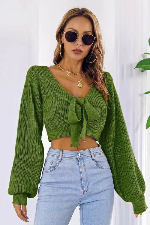 Bow V-Neck Cropped Sweater – Sweet & Stylish Long Sleeve Look | Bona Fide Fashion - Bona Fide Fashion