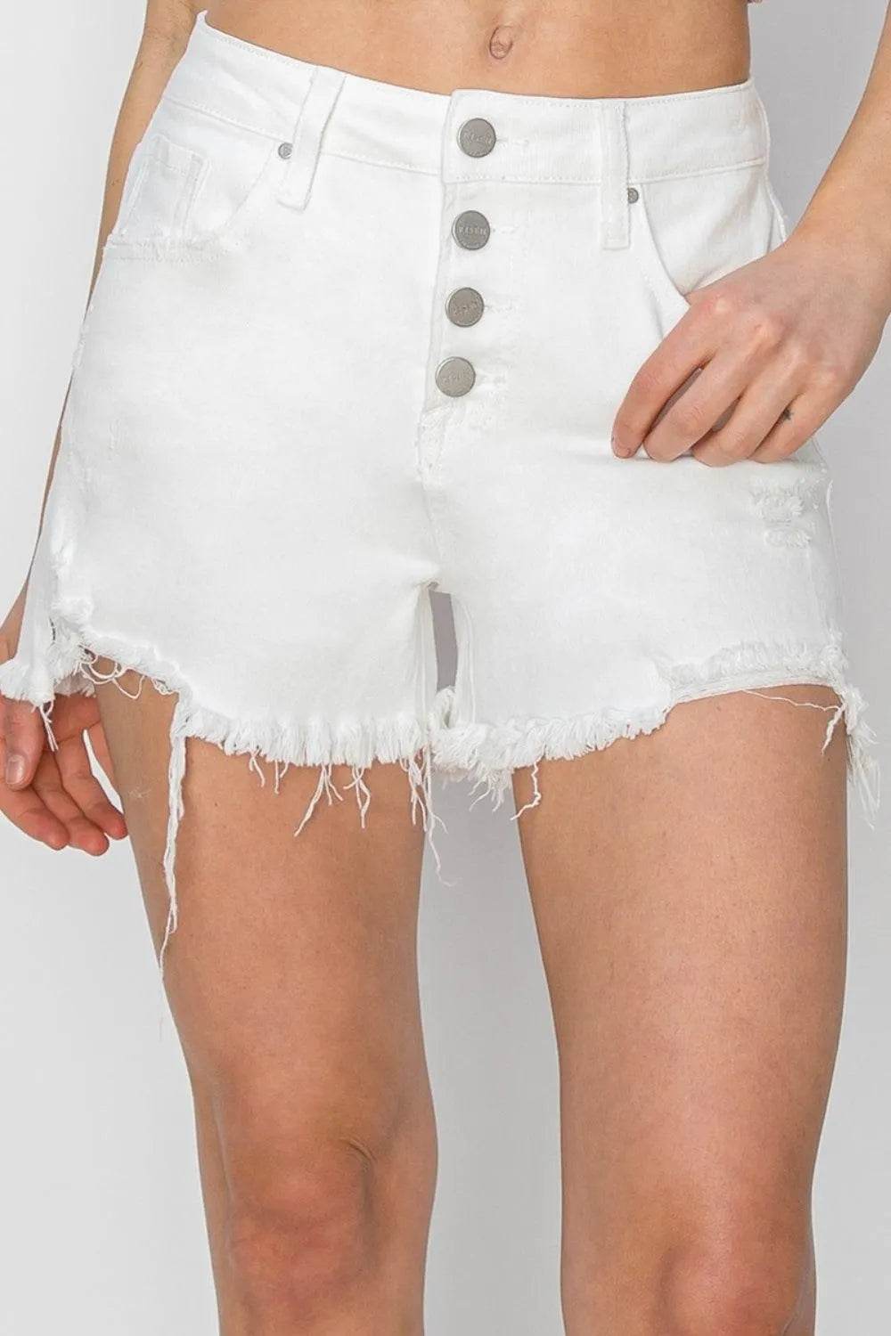 Risen Button Fly Frayed Hem Denim Shorts – Edgy & Effortless Style | Bona Fide Fashion - Bona Fide Fashion