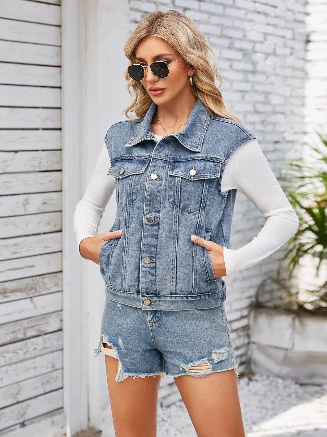 Button-Up Cap Sleeve Denim Jacket – Lightweight & Stylish Layer | Bona Fide Fashion - Bona Fide Fashion