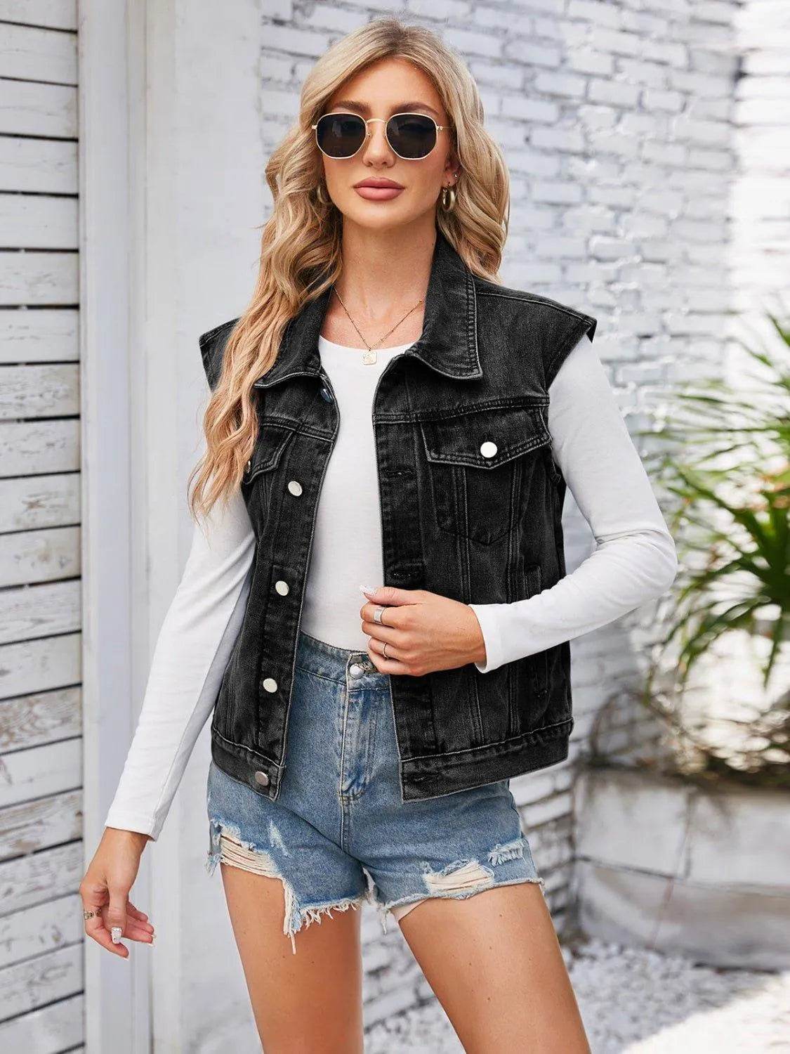 Button-Up Cap Sleeve Denim Jacket – Lightweight & Stylish Layer | Bona Fide Fashion - Bona Fide Fashion