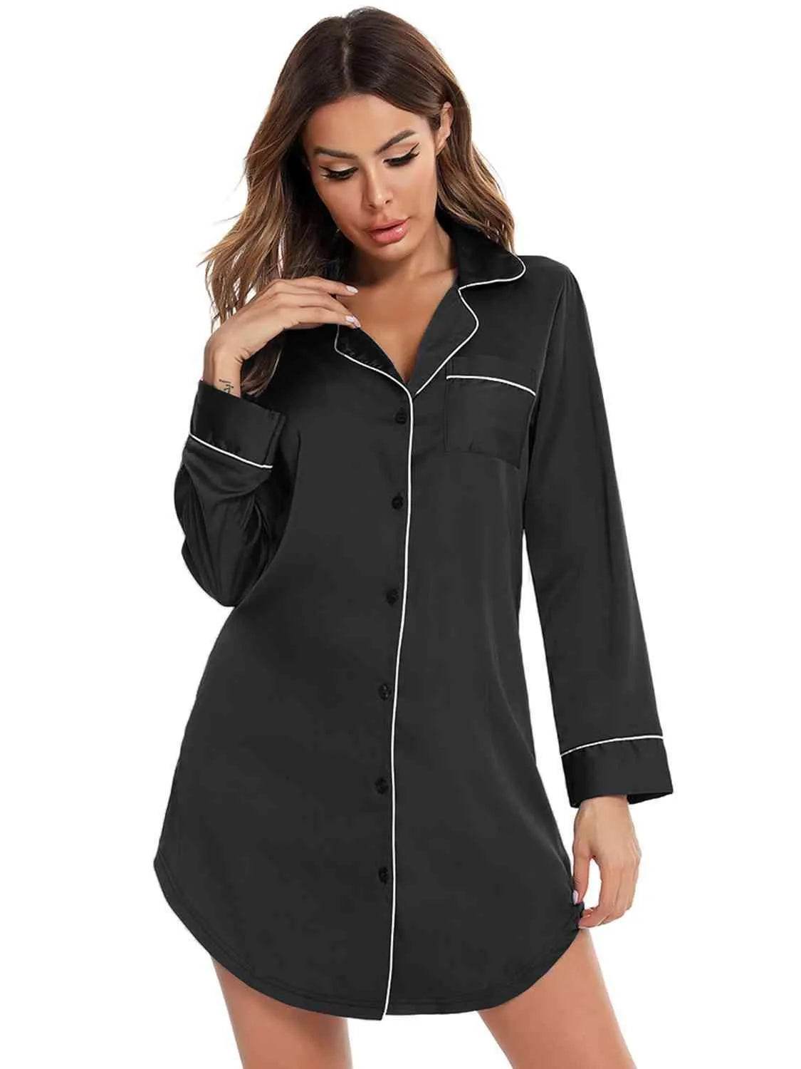 Button-Up Lapel Collar Night Dress with Pocket – Sleep in Style & Comfort | Bona Fide Fashion - Bona Fide Fashion