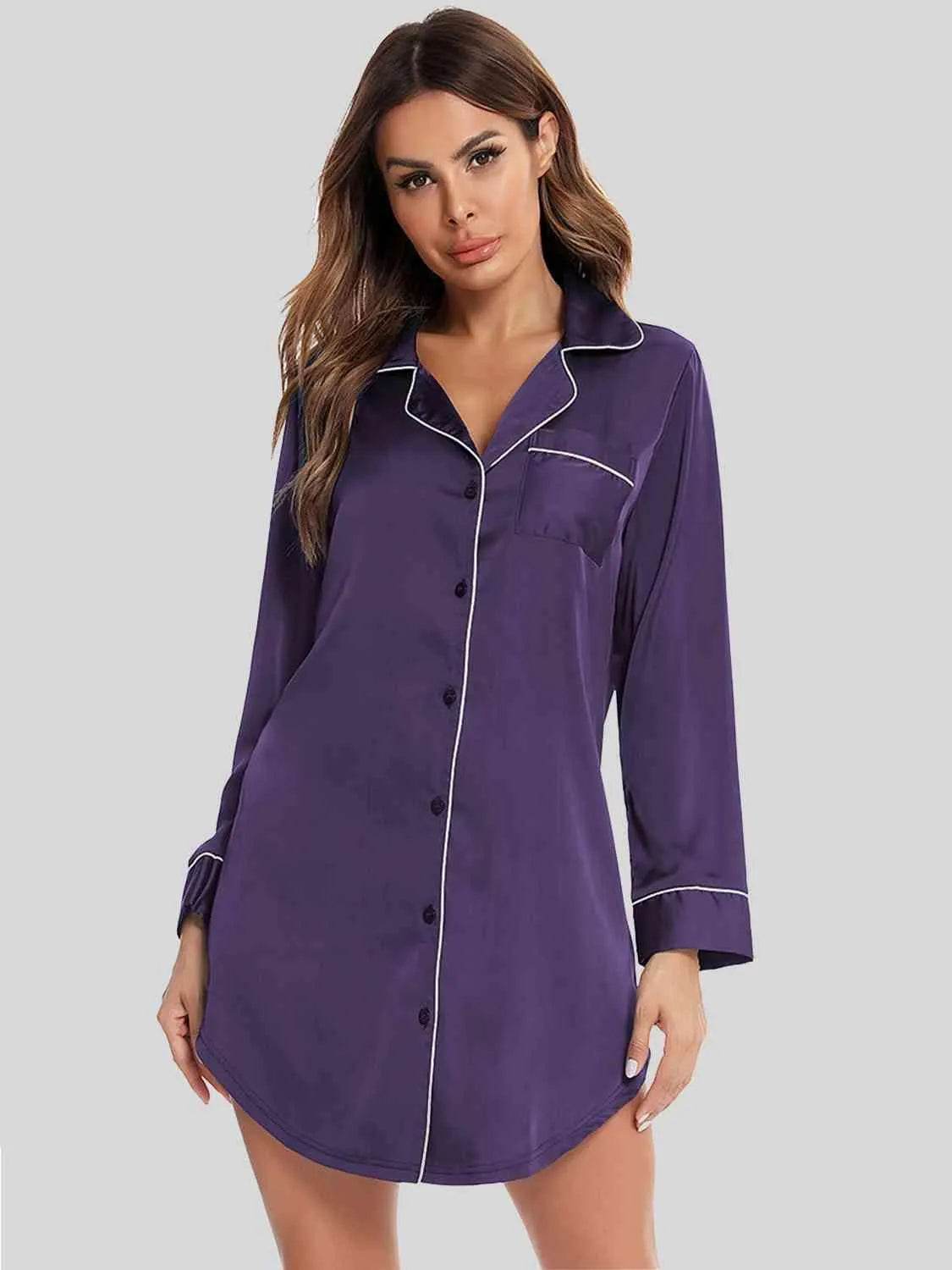 Button-Up Lapel Collar Night Dress with Pocket – Sleep in Style & Comfort | Bona Fide Fashion - Bona Fide Fashion