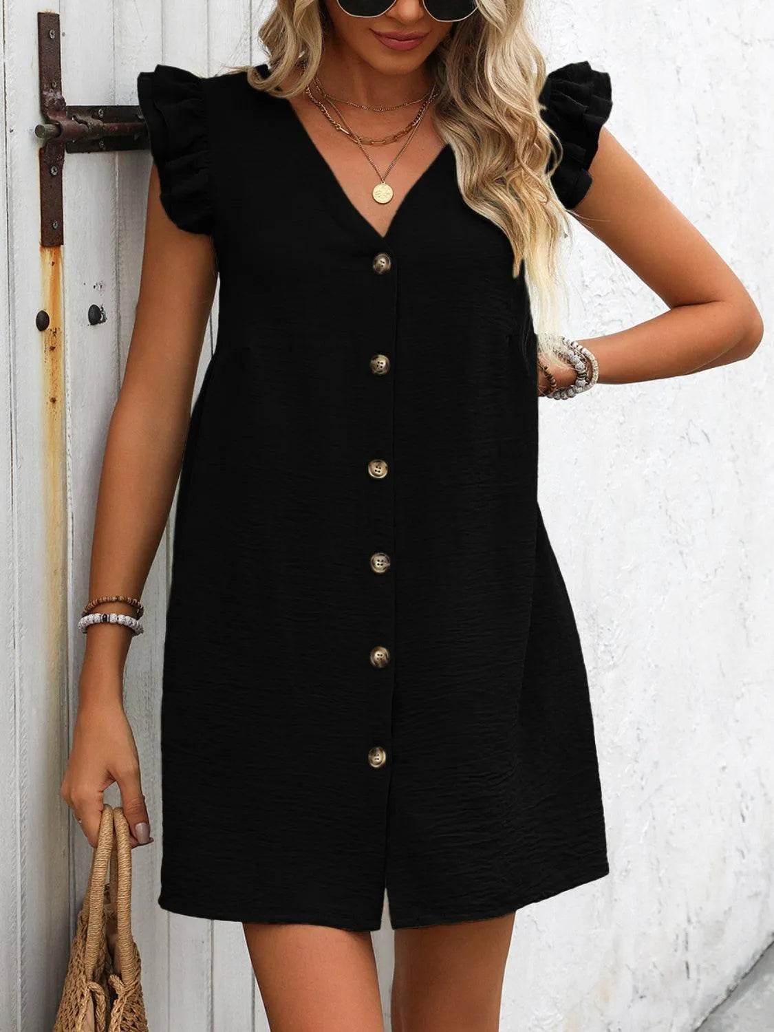 V-Neck Cap Sleeve Mini Dress – Button-Up & Effortlessly Cute | Bona Fide Fashion - Bona Fide Fashion