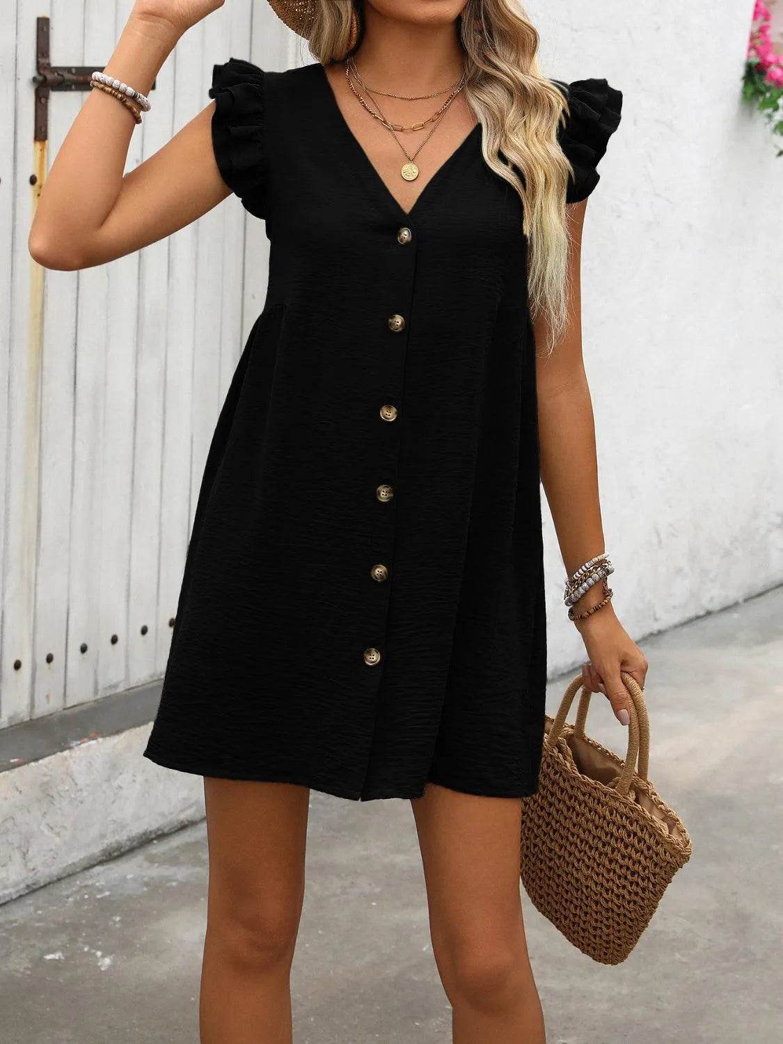 V-Neck Cap Sleeve Mini Dress – Button-Up & Effortlessly Cute | Bona Fide Fashion - Bona Fide Fashion