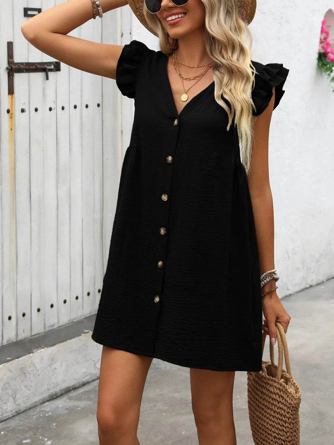 V-Neck Cap Sleeve Mini Dress – Button-Up & Effortlessly Cute | Bona Fide Fashion - Bona Fide Fashion