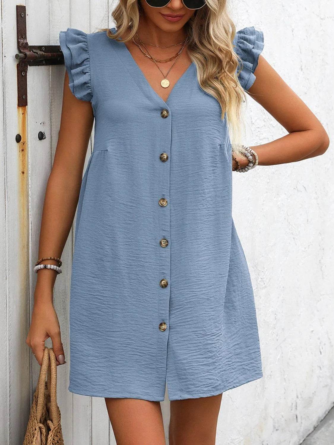 V-Neck Cap Sleeve Mini Dress – Button-Up & Effortlessly Cute | Bona Fide Fashion - Bona Fide Fashion