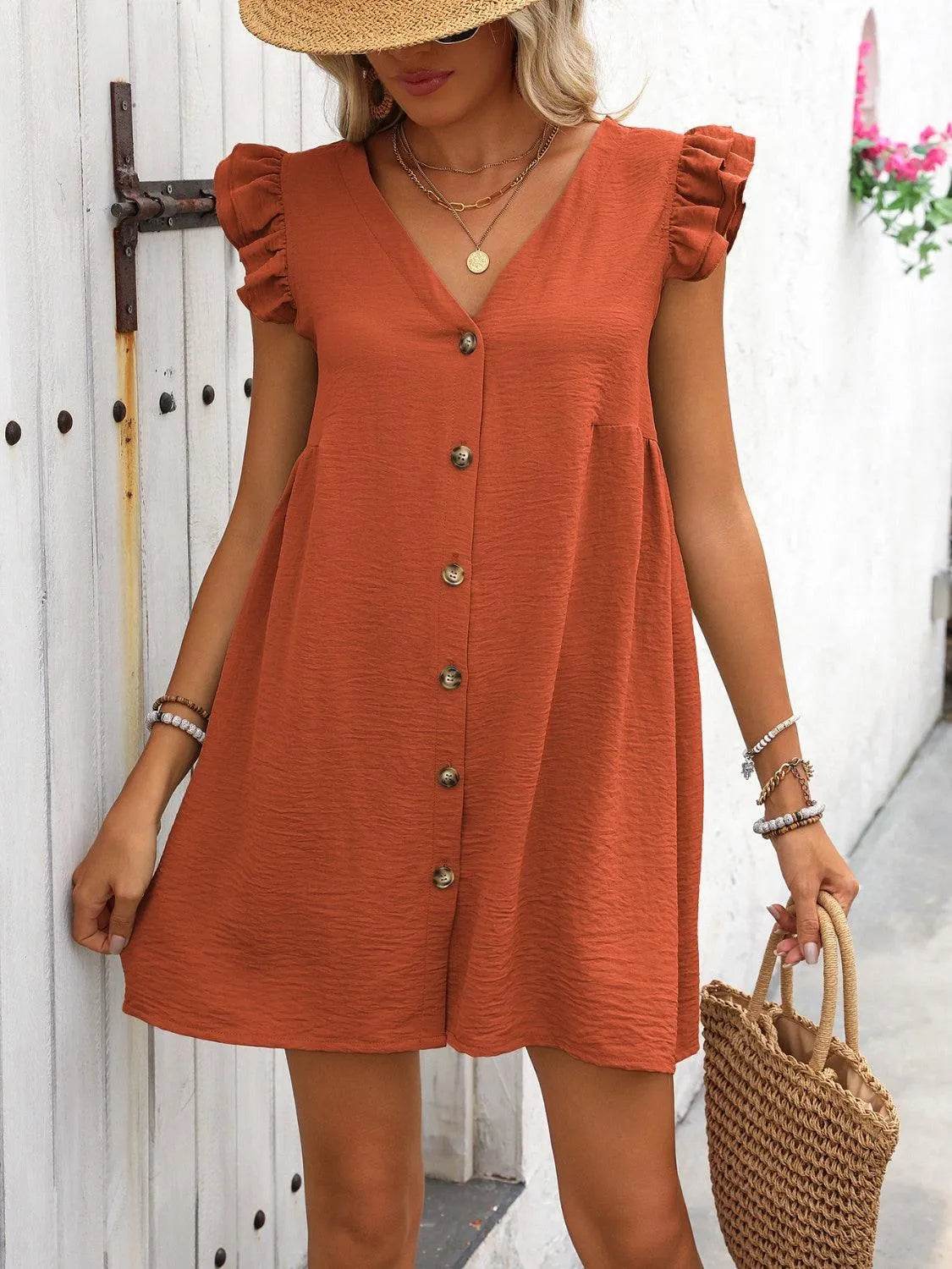 V-Neck Cap Sleeve Mini Dress – Button-Up & Effortlessly Cute | Bona Fide Fashion - Bona Fide Fashion