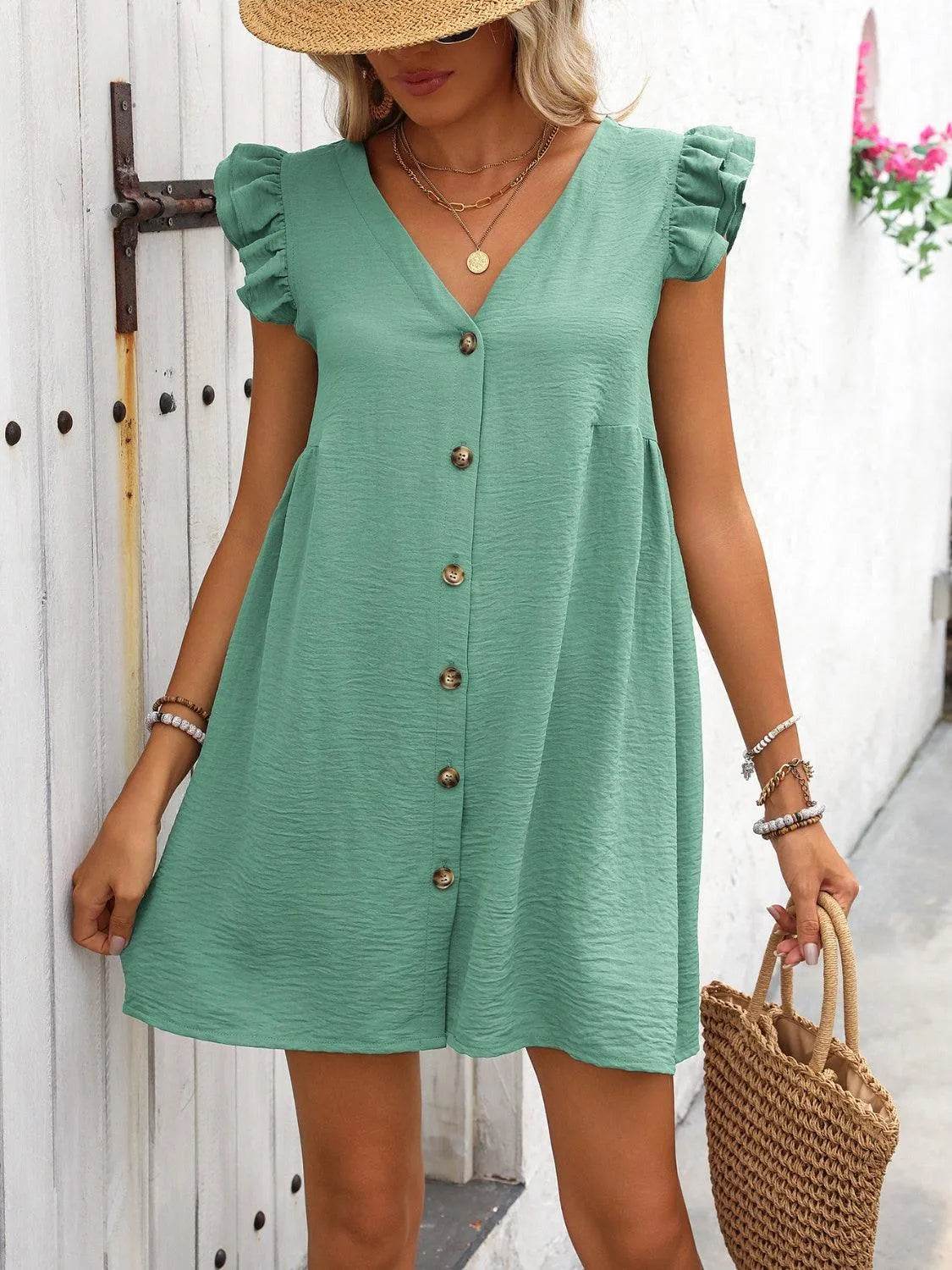 V-Neck Cap Sleeve Mini Dress – Button-Up & Effortlessly Cute | Bona Fide Fashion - Bona Fide Fashion