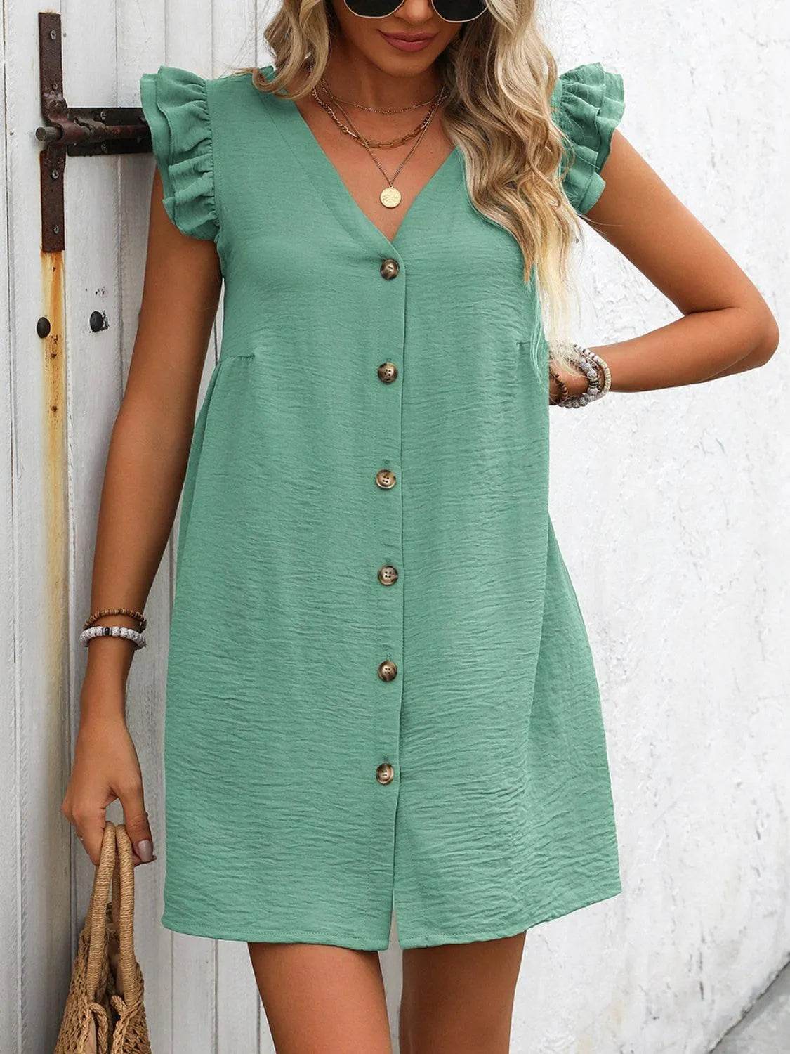 V-Neck Cap Sleeve Mini Dress – Button-Up & Effortlessly Cute | Bona Fide Fashion - Bona Fide Fashion