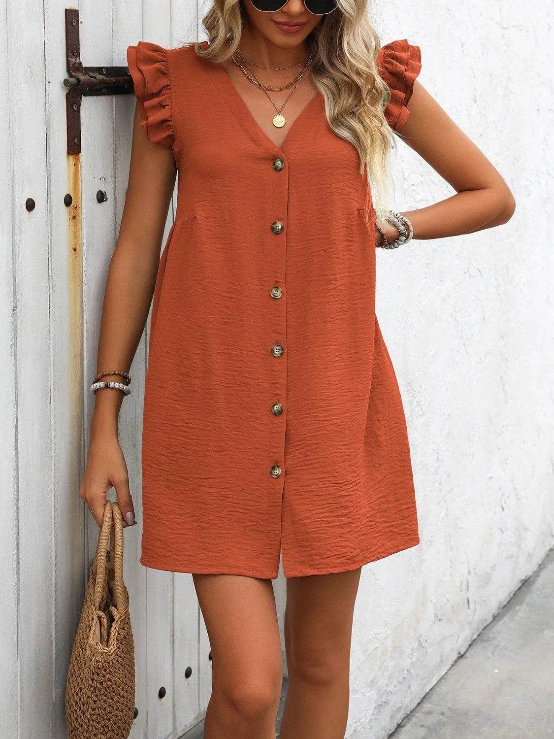 V-Neck Cap Sleeve Mini Dress – Button-Up & Effortlessly Cute | Bona Fide Fashion - Bona Fide Fashion