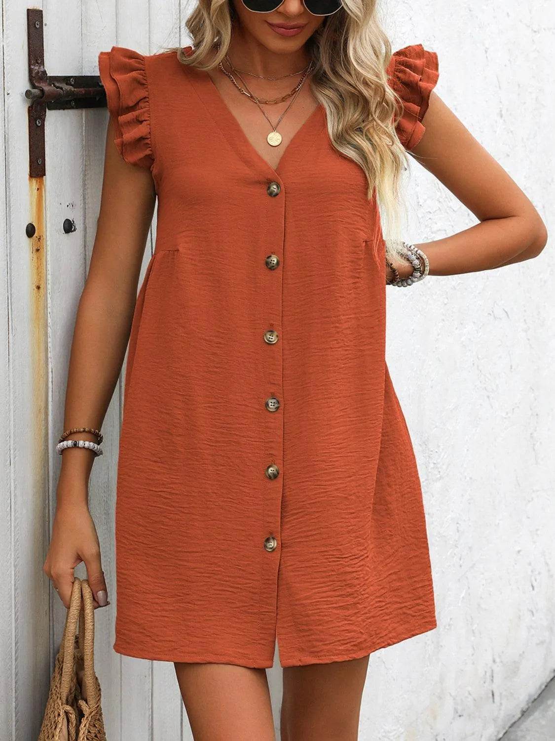 V-Neck Cap Sleeve Mini Dress – Button-Up & Effortlessly Cute | Bona Fide Fashion - Bona Fide Fashion
