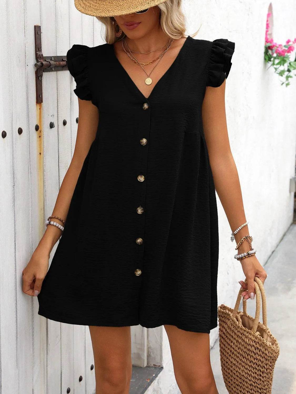 V-Neck Cap Sleeve Mini Dress – Button-Up & Effortlessly Cute | Bona Fide Fashion - Bona Fide Fashion