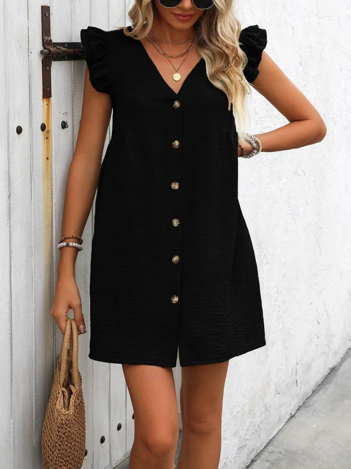 V-Neck Cap Sleeve Mini Dress – Button-Up & Effortlessly Cute | Bona Fide Fashion - Bona Fide Fashion