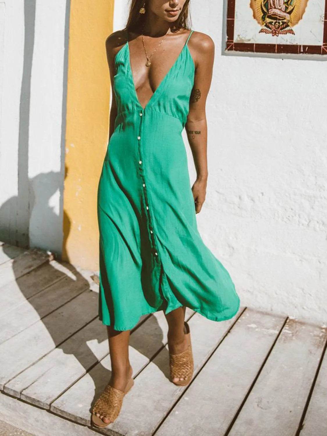Buttoned Plunge Midi Cami Dress – Flirty & Elegant Silhouette | Bona Fide Fashion - Bona Fide Fashion