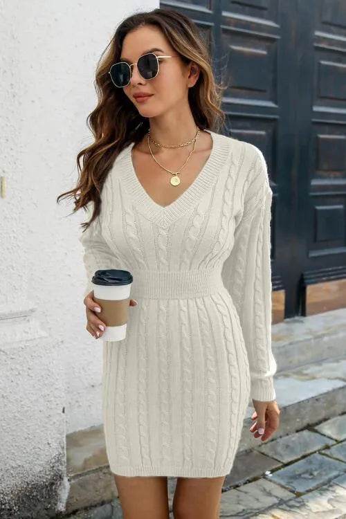 Cable Knit V-Neck Mini Sweater Dress – Warm, Flattering & Stylish | Bona Fide Fashion - Bona Fide Fashion