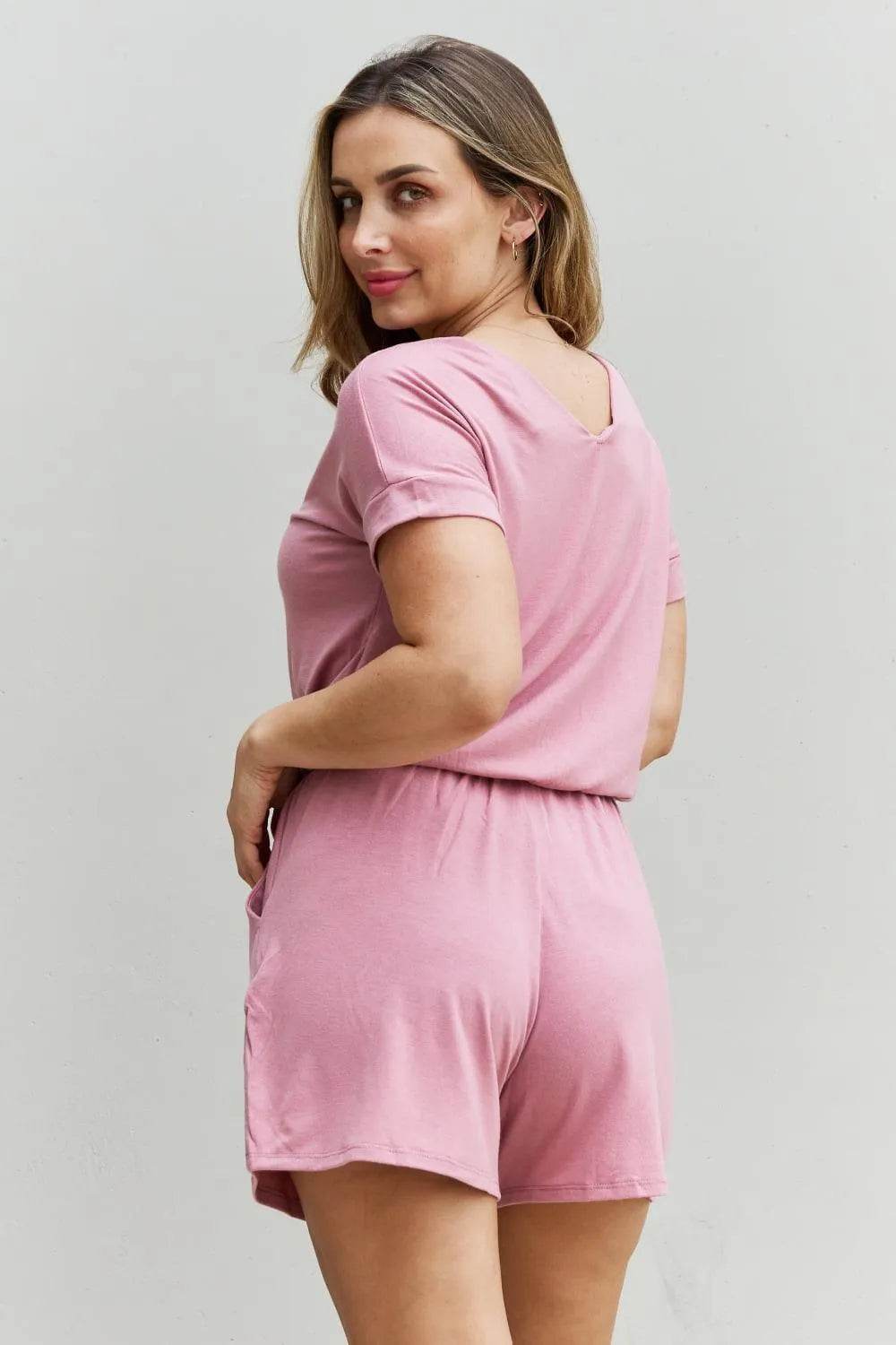 Zenana Chilled Out Short Sleeve Romper – Light Carnation Pink Comfort | Bona Fide Fashion - Bona Fide Fashion
