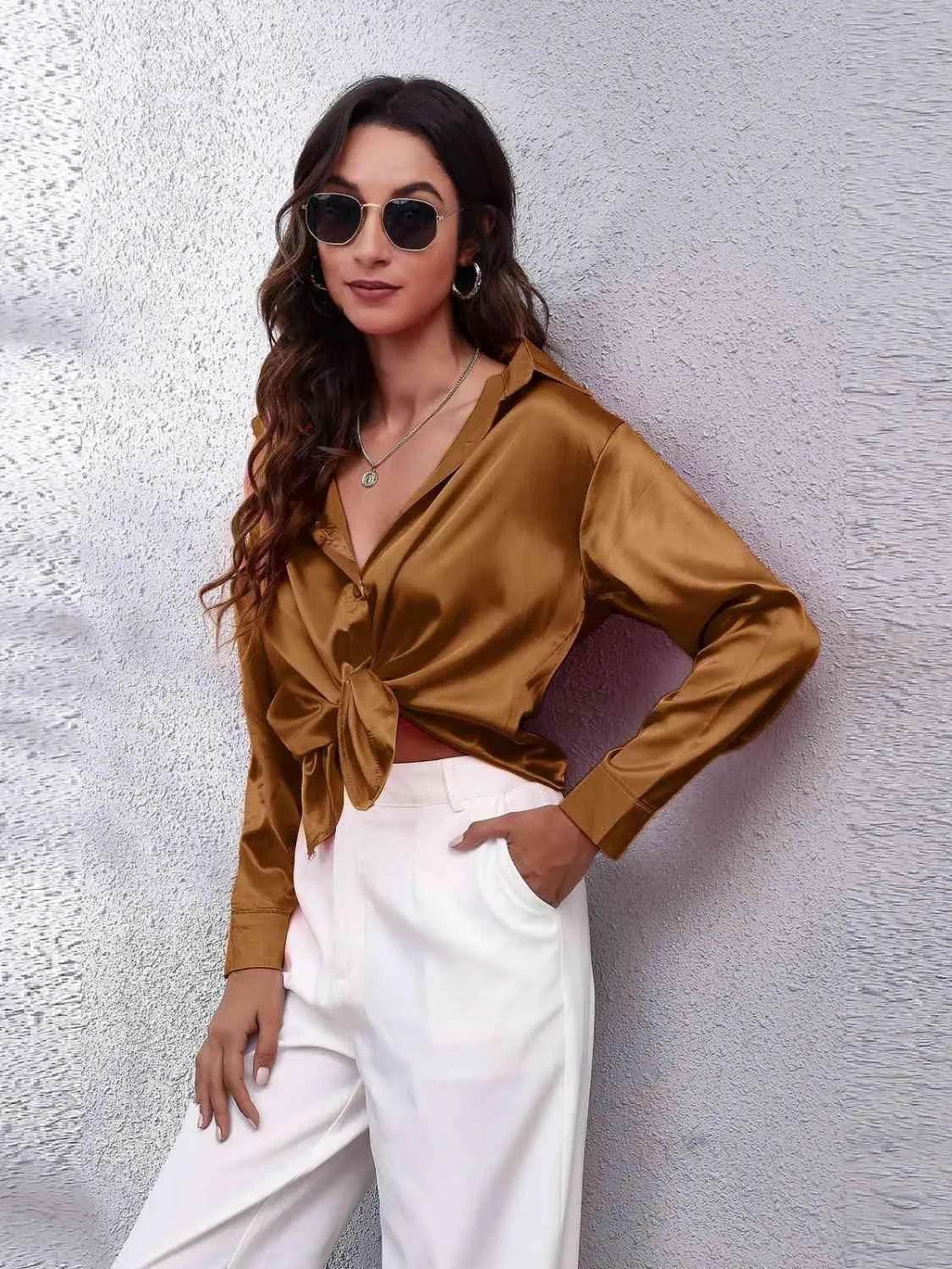 Bona Fide Fashion - Collared Neck Buttoned Long Sleeve Shirt - Women Fashion - Bona Fide Fashion