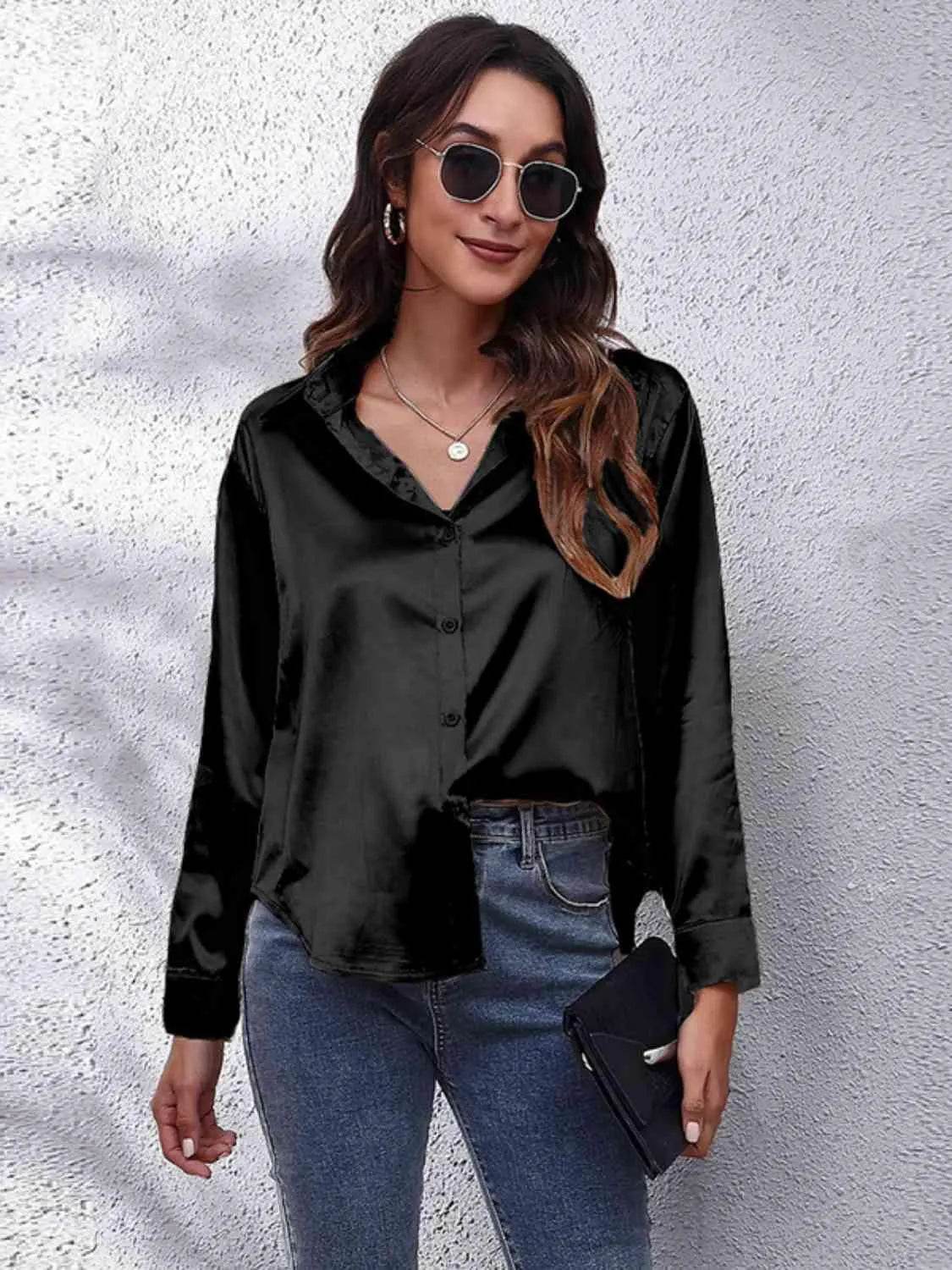 Bona Fide Fashion - Collared Neck Buttoned Long Sleeve Shirt - Women Fashion - Bona Fide Fashion