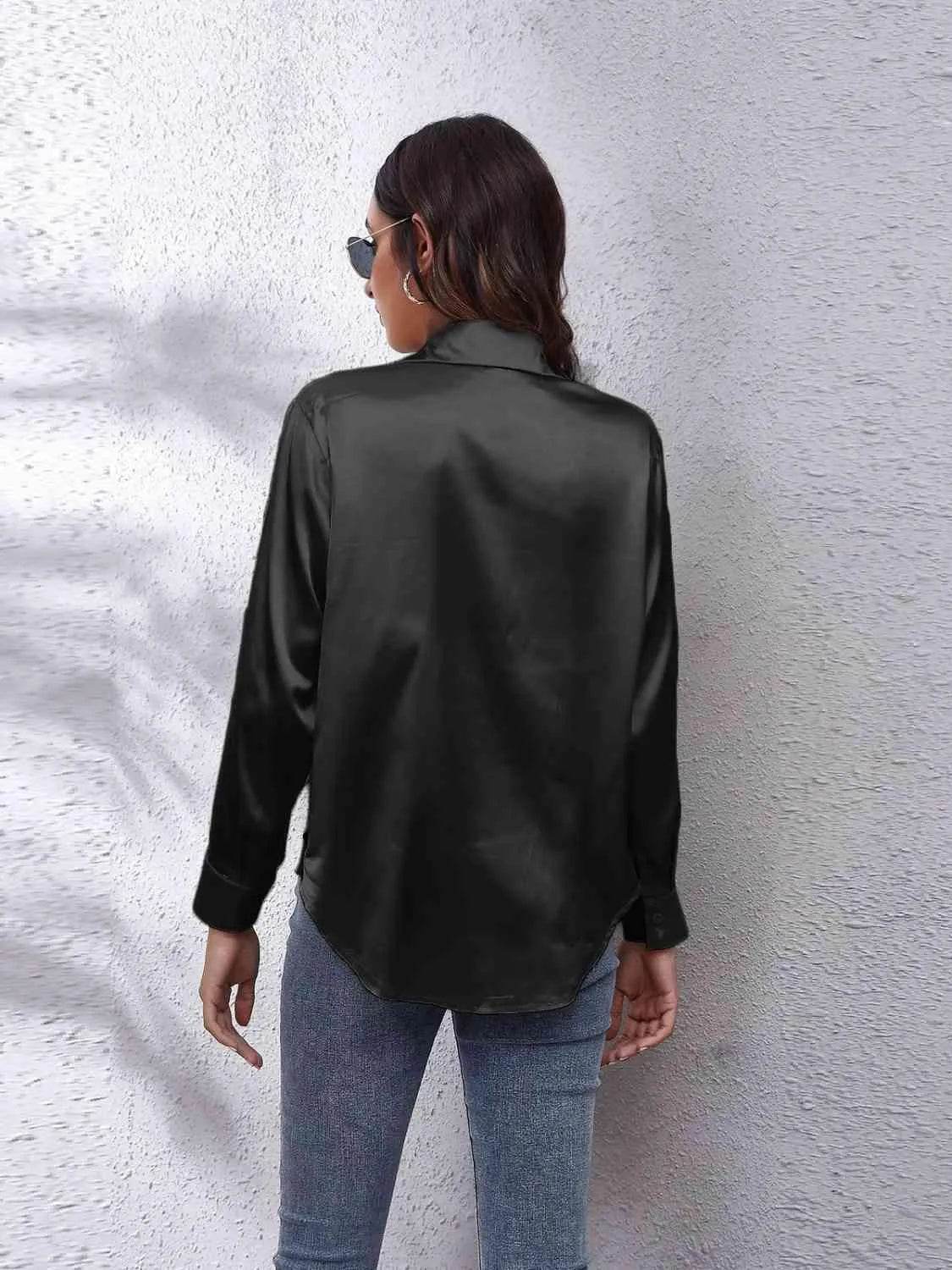 Bona Fide Fashion - Collared Neck Buttoned Long Sleeve Shirt - Women Fashion - Bona Fide Fashion
