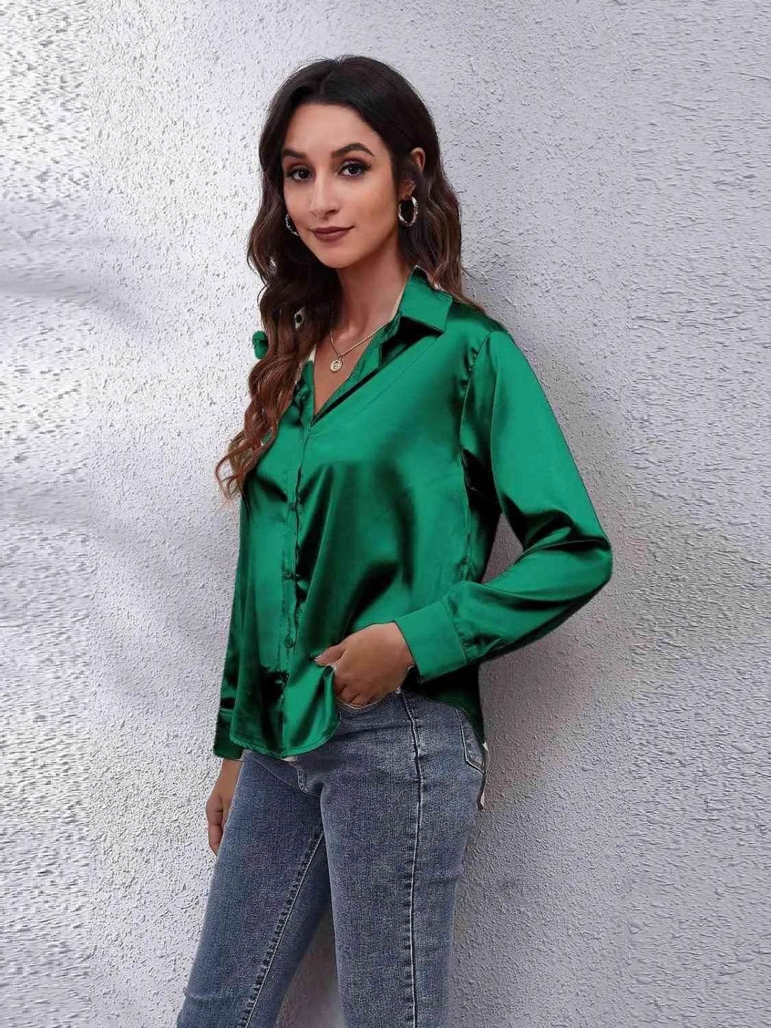 Bona Fide Fashion - Collared Neck Buttoned Long Sleeve Shirt - Women Fashion - Bona Fide Fashion