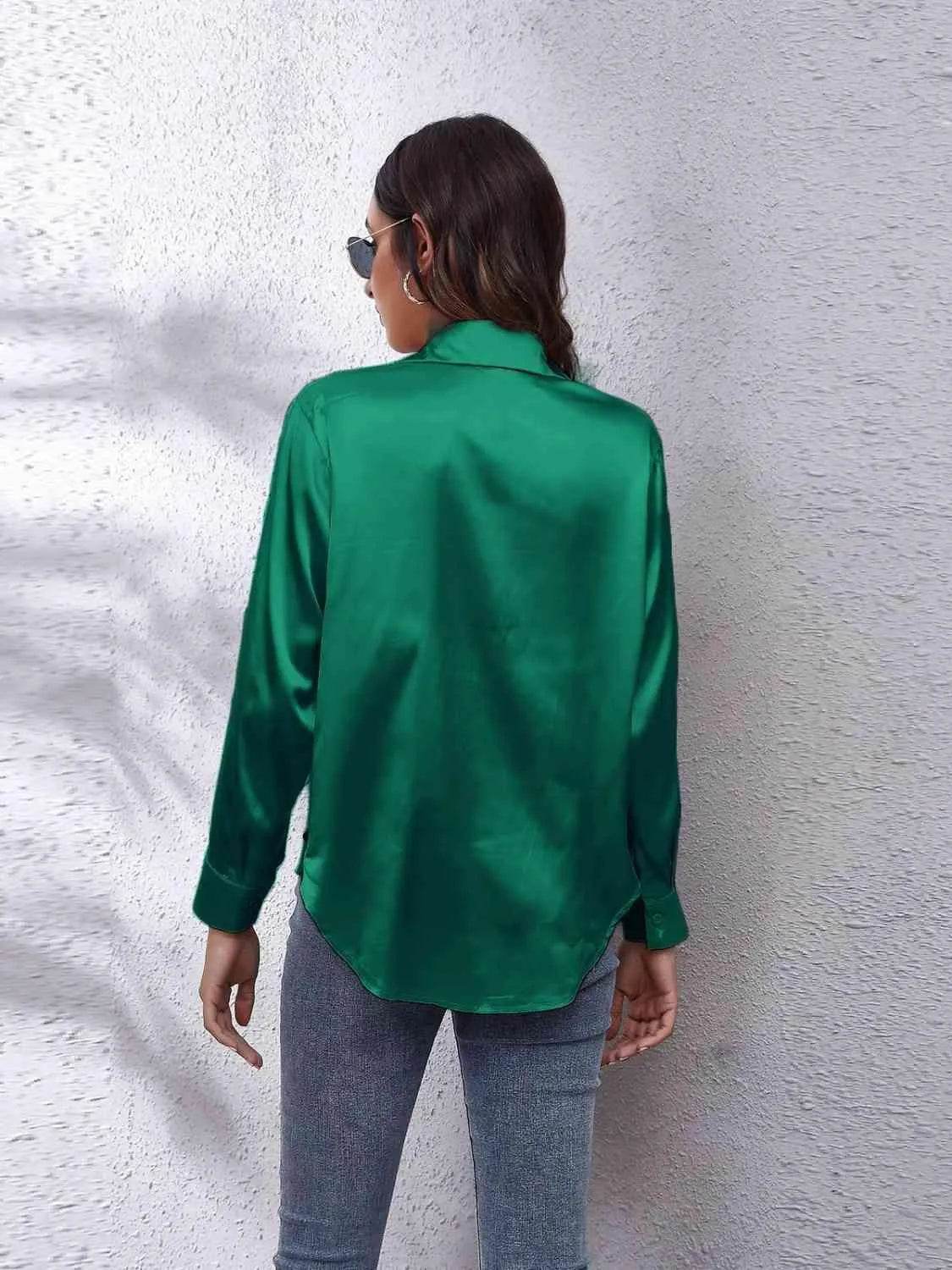 Bona Fide Fashion - Collared Neck Buttoned Long Sleeve Shirt - Women Fashion - Bona Fide Fashion