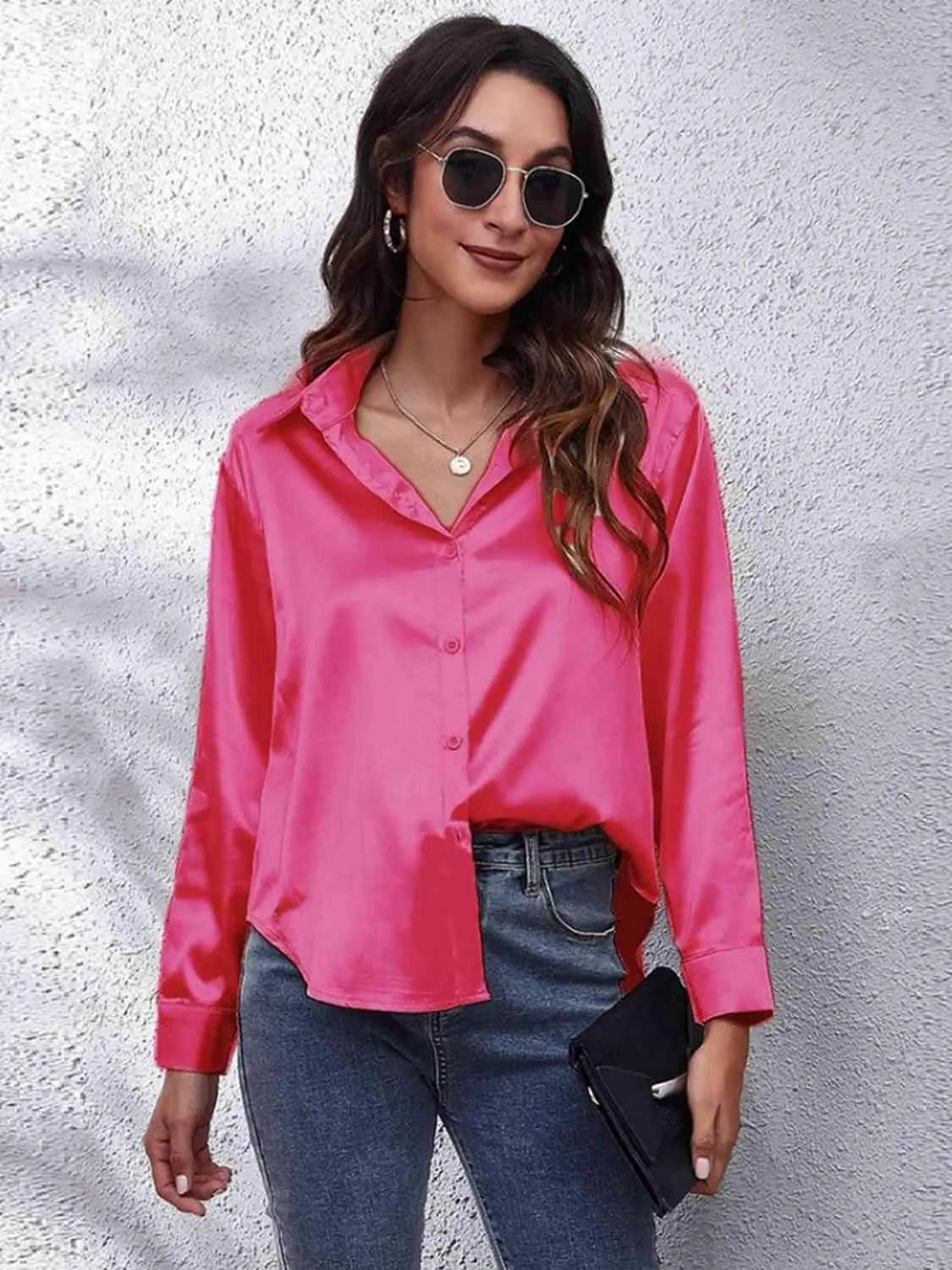 Bona Fide Fashion - Collared Neck Buttoned Long Sleeve Shirt - Women Fashion - Bona Fide Fashion