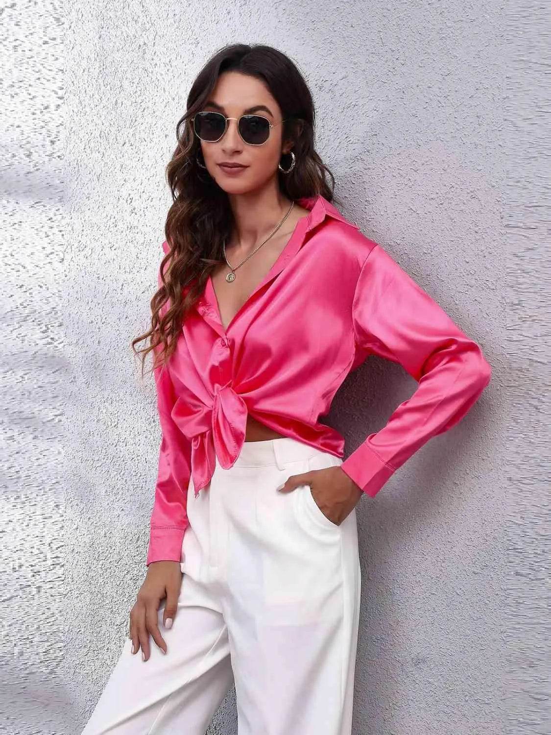 Bona Fide Fashion - Collared Neck Buttoned Long Sleeve Shirt - Women Fashion - Bona Fide Fashion