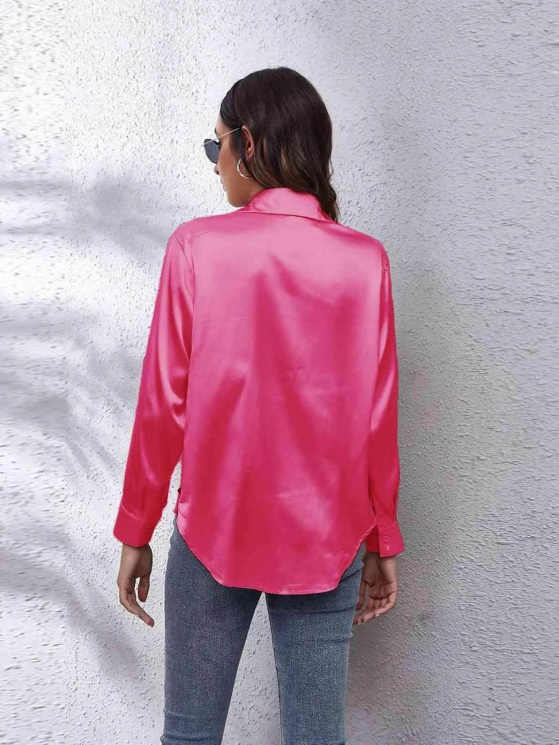 Bona Fide Fashion - Collared Neck Buttoned Long Sleeve Shirt - Women Fashion - Bona Fide Fashion