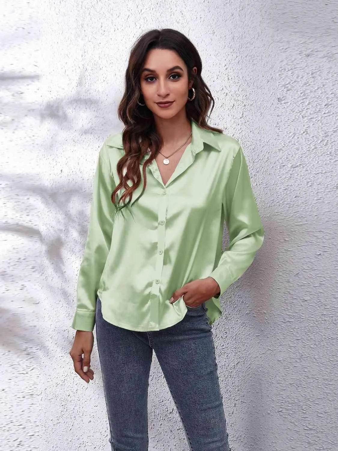 Bona Fide Fashion - Collared Neck Buttoned Long Sleeve Shirt - Women Fashion - Bona Fide Fashion