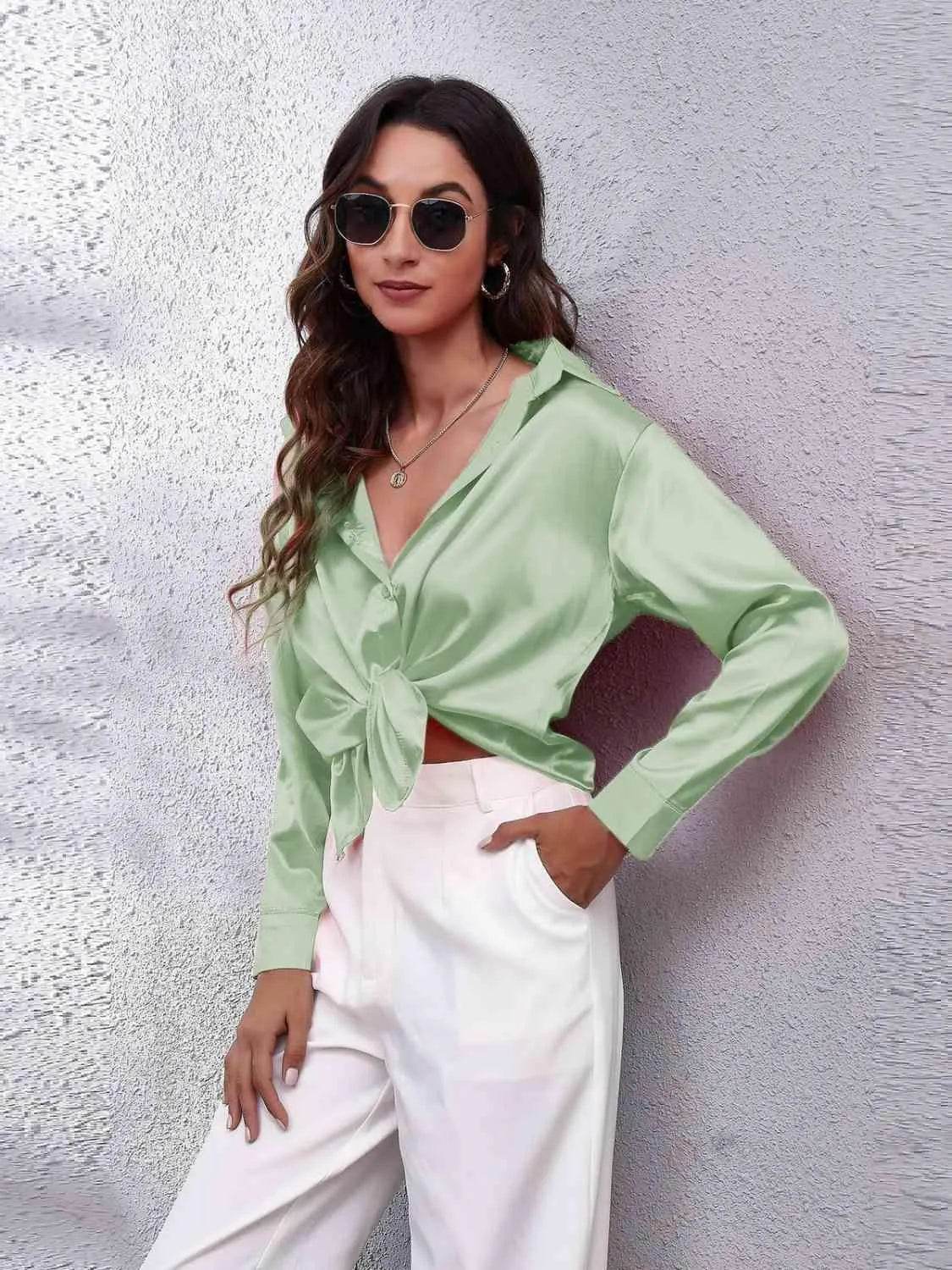 Bona Fide Fashion - Collared Neck Buttoned Long Sleeve Shirt - Women Fashion - Bona Fide Fashion
