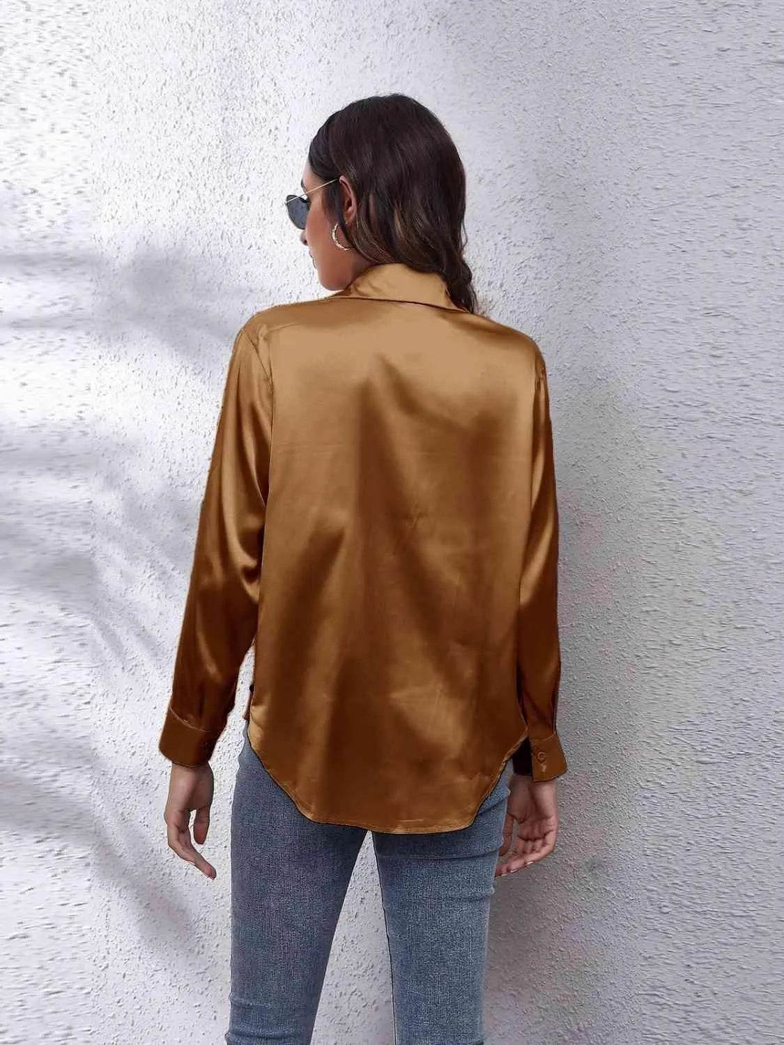Bona Fide Fashion - Collared Neck Buttoned Long Sleeve Shirt - Women Fashion - Bona Fide Fashion