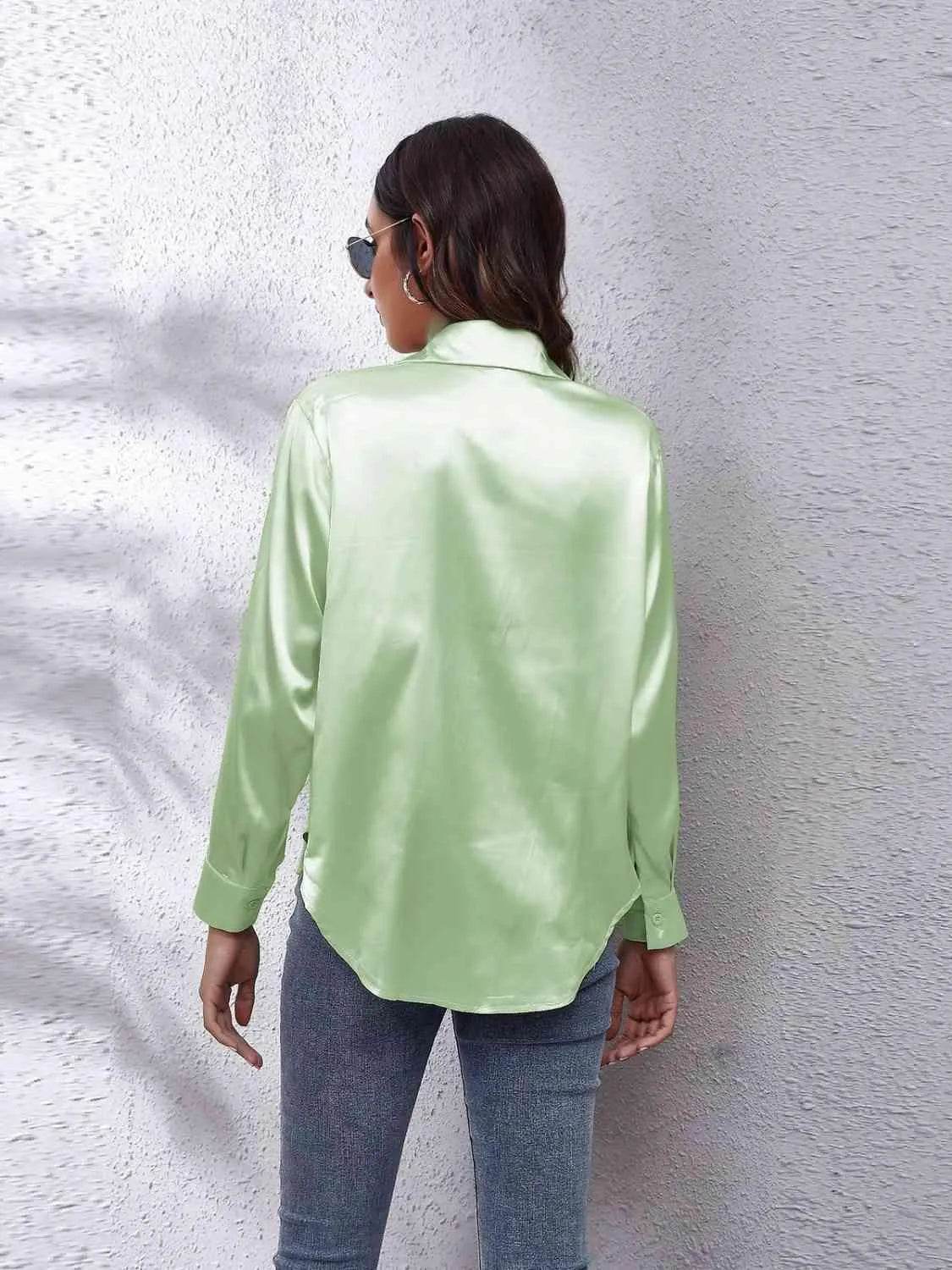 Bona Fide Fashion - Collared Neck Buttoned Long Sleeve Shirt - Women Fashion - Bona Fide Fashion