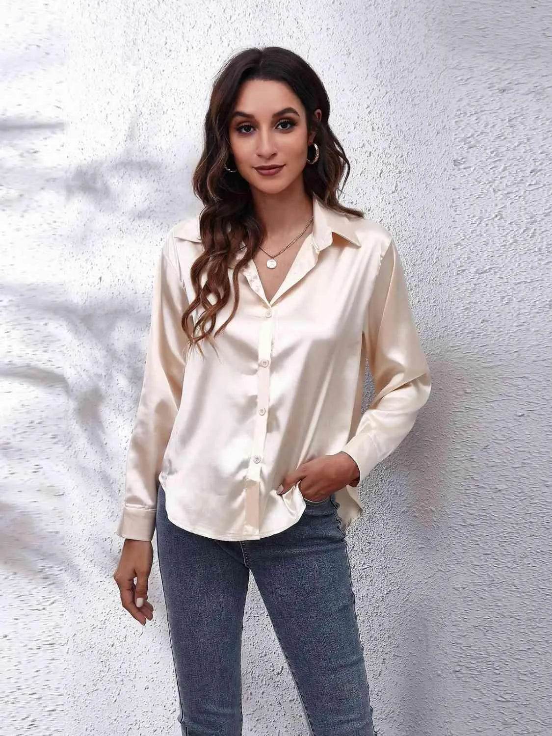 Bona Fide Fashion - Collared Neck Buttoned Long Sleeve Shirt - Women Fashion - Bona Fide Fashion