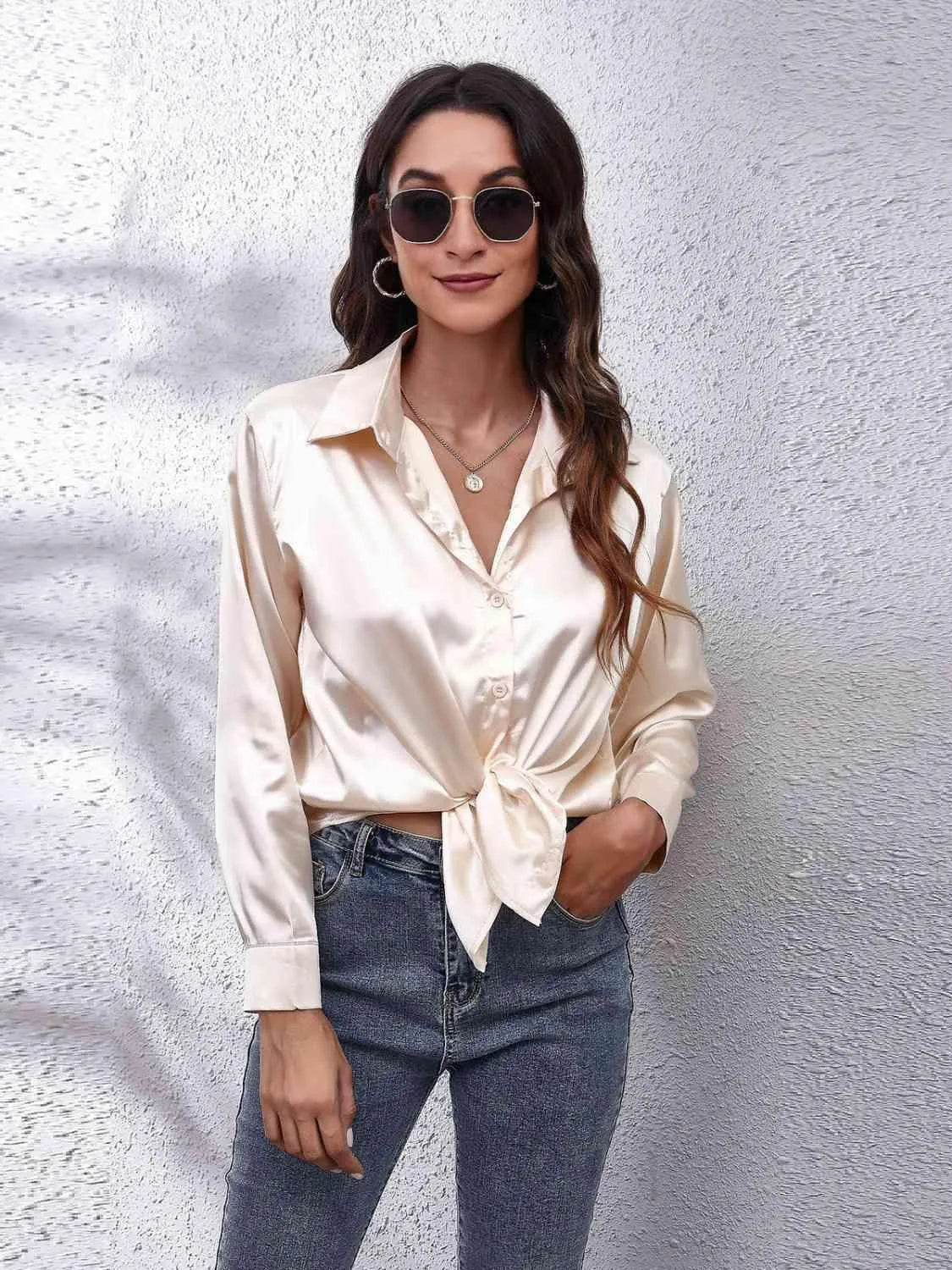 Bona Fide Fashion - Collared Neck Buttoned Long Sleeve Shirt - Women Fashion - Bona Fide Fashion