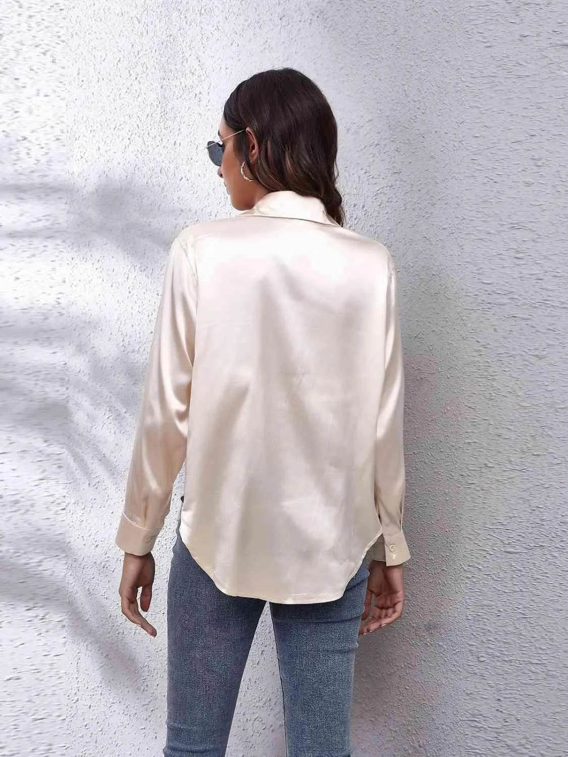 Bona Fide Fashion - Collared Neck Buttoned Long Sleeve Shirt - Women Fashion - Bona Fide Fashion