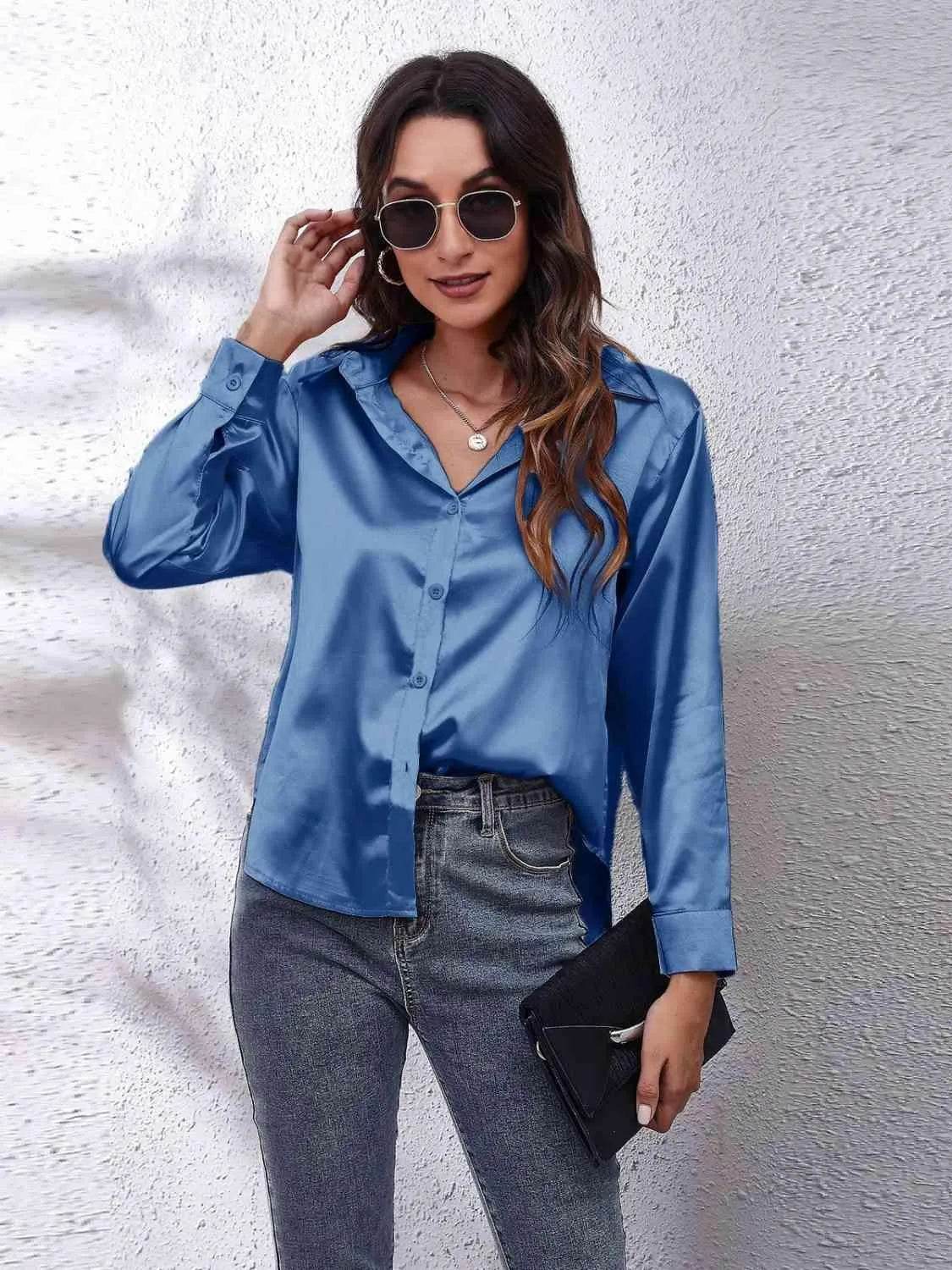 Bona Fide Fashion - Collared Neck Buttoned Long Sleeve Shirt - Women Fashion - Bona Fide Fashion