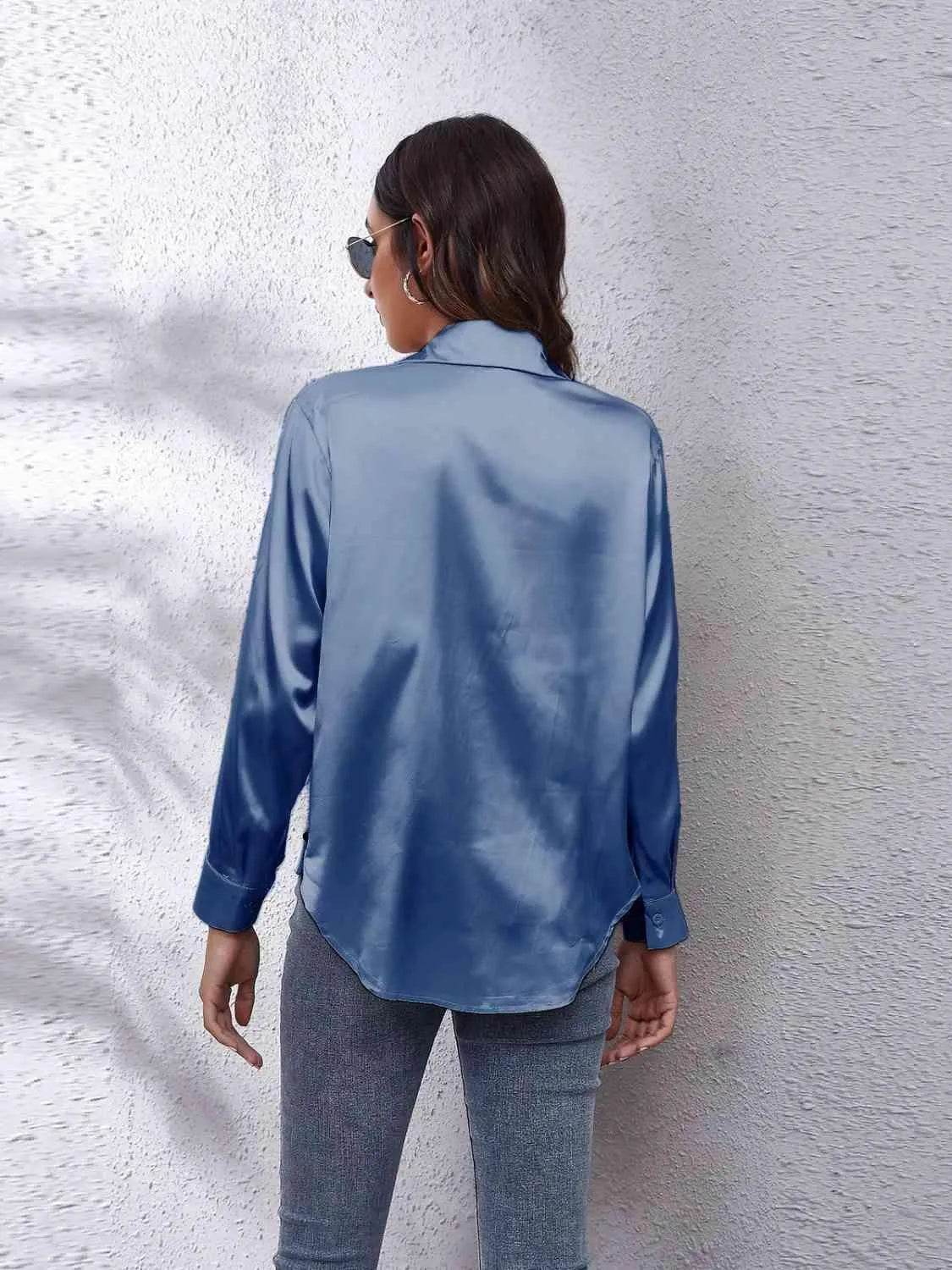 Bona Fide Fashion - Collared Neck Buttoned Long Sleeve Shirt - Women Fashion - Bona Fide Fashion