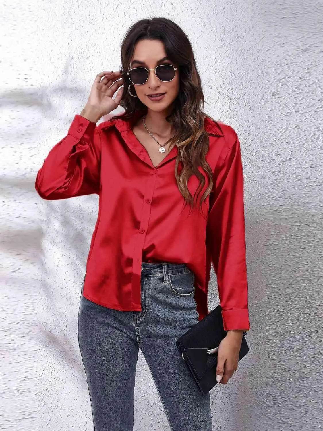 Bona Fide Fashion - Collared Neck Buttoned Long Sleeve Shirt - Women Fashion - Bona Fide Fashion
