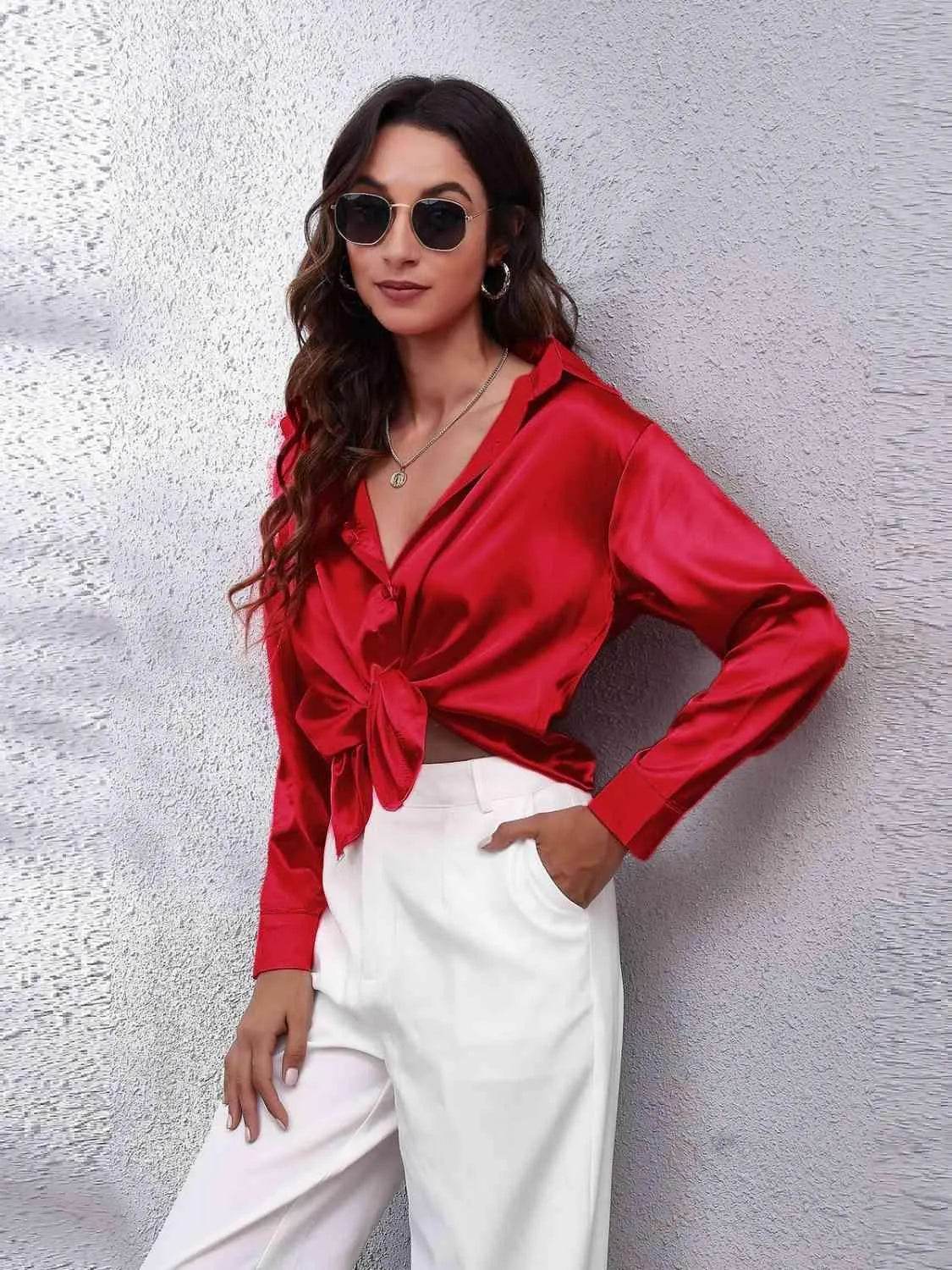 Bona Fide Fashion - Collared Neck Buttoned Long Sleeve Shirt - Women Fashion - Bona Fide Fashion