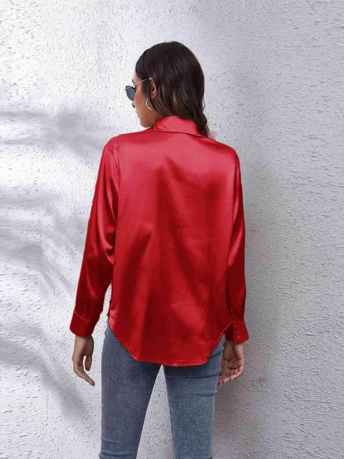 Bona Fide Fashion - Collared Neck Buttoned Long Sleeve Shirt - Women Fashion - Bona Fide Fashion