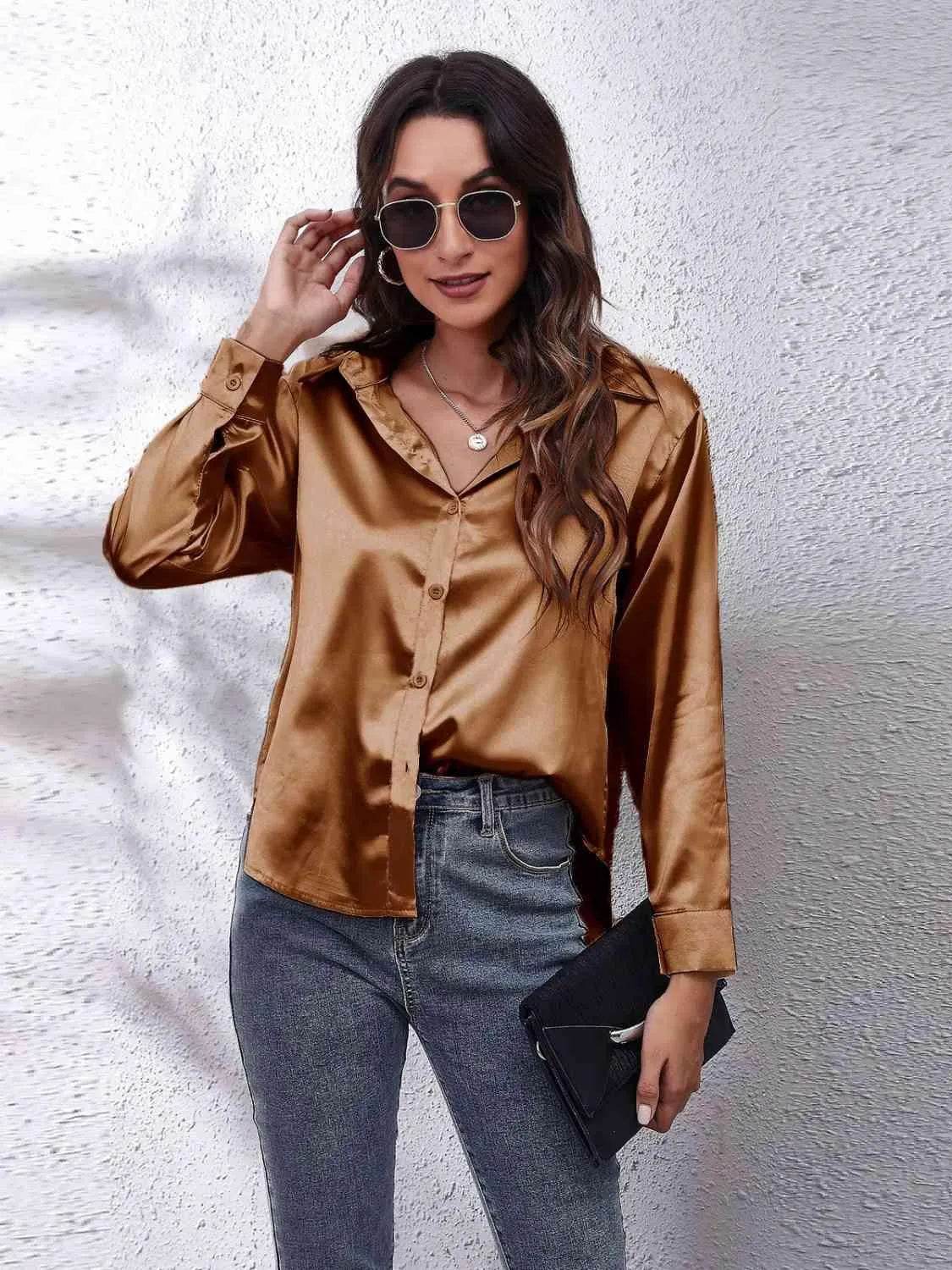 Bona Fide Fashion - Collared Neck Buttoned Long Sleeve Shirt - Women Fashion - Bona Fide Fashion
