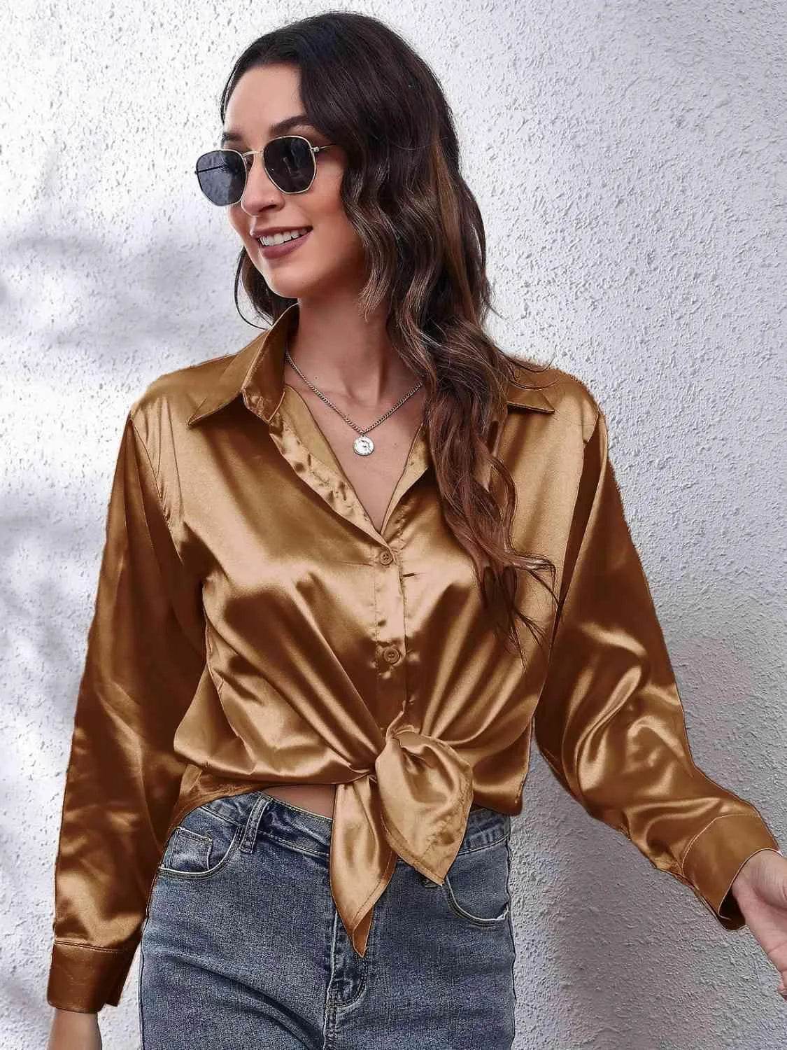 Bona Fide Fashion - Collared Neck Buttoned Long Sleeve Shirt - Women Fashion - Bona Fide Fashion