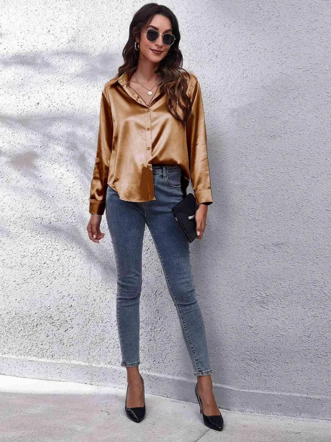 Bona Fide Fashion - Collared Neck Buttoned Long Sleeve Shirt - Women Fashion - Bona Fide Fashion